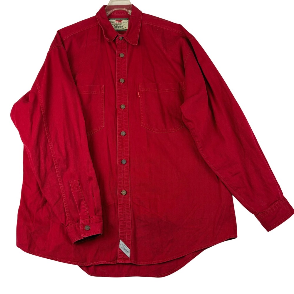 Levi's L Red Cotton Twill Button Down Shirt Long Sleeve Workwear Casual VTG